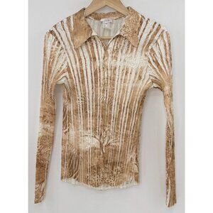 Cache‎ Crinkle Pleated Button Front Satin Blouse Size M Boho Artsy Hippie Y2K